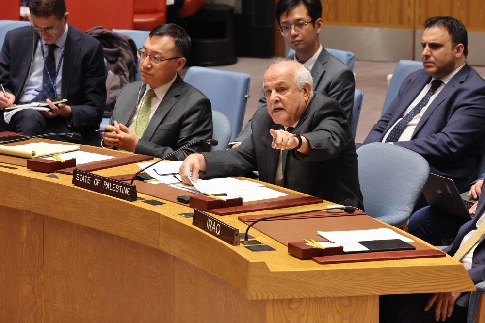 Riyad Mansour, Palestinian Ambassador to the United Nations, speaks during a UN Security Council meeting on the situation in the Middle East, including the Palestinian question at the United Nations headquarters on July 26, 2024 in New York City. — Michael M. Santiago/Getty Images pic via AFP 