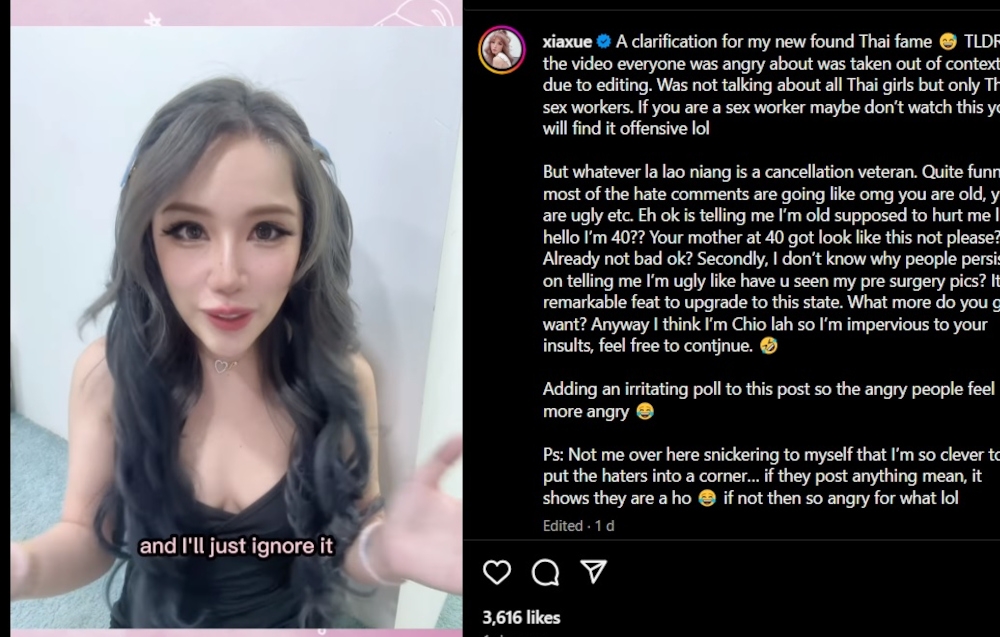 Forced to do damage control, Xiaxue released an apology video claiming the clip was taken out of context. — Screengrab from Instagram/xiaxue   