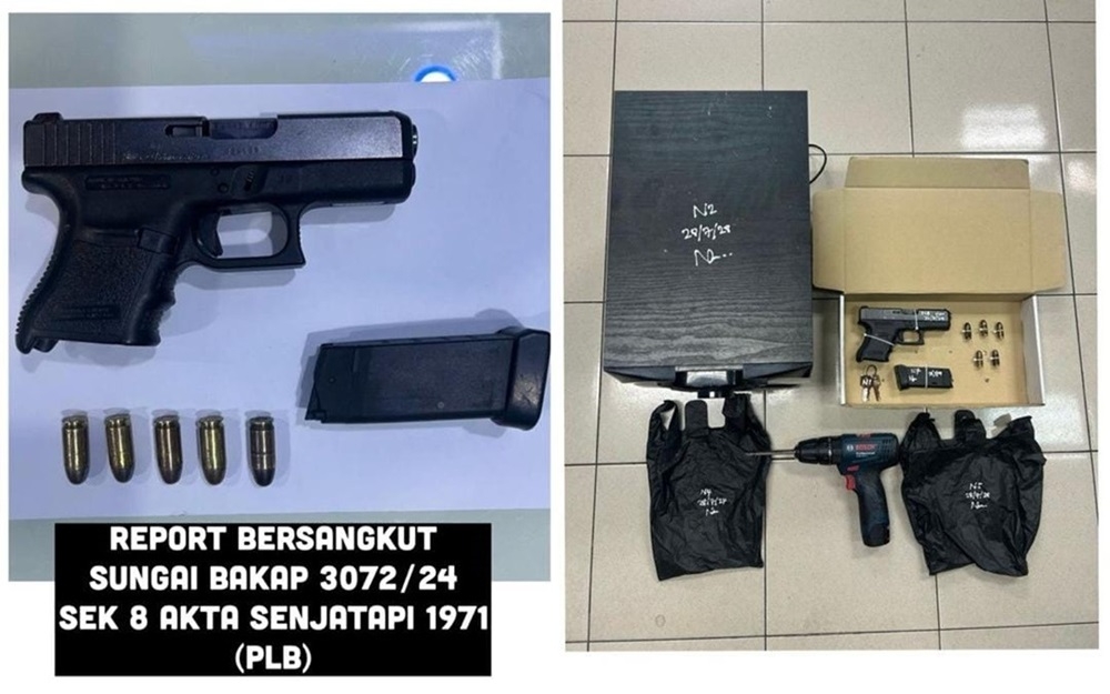 Several firearms, including imitation ones, were seized by the police following the arrest of four men in connection with a fight that broke out in Bukit Mertajam last month (June 13). — Picture courtesy of Penang police