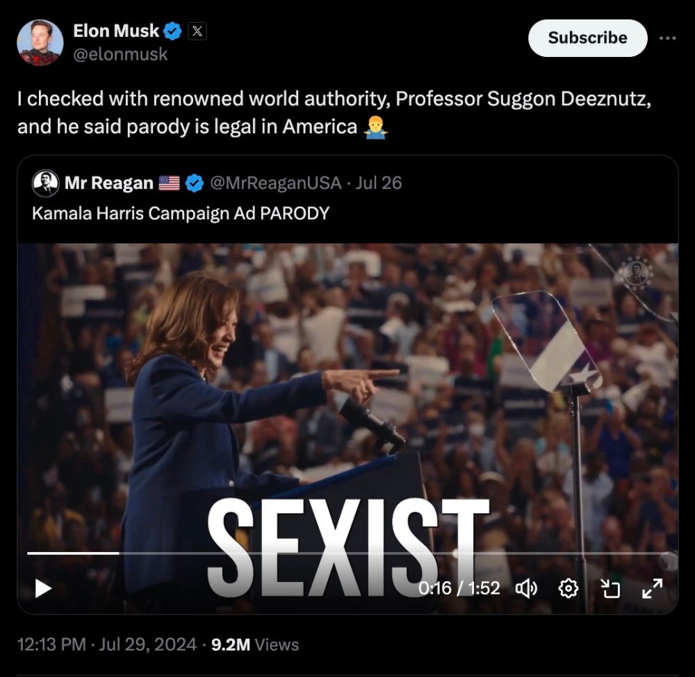 Musk has so far refused to apologise to the Harris campaign instead making a mocking reply on his X account. — Picture via Twitter/Elon Musk