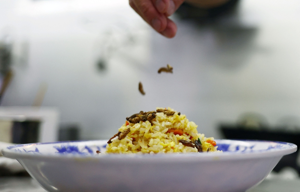 A chef garnishes a plate of fried rice with house crickets during a showcase of insect-based dishes at the House of Seafood restaurant in Singapore. — Reuters pic