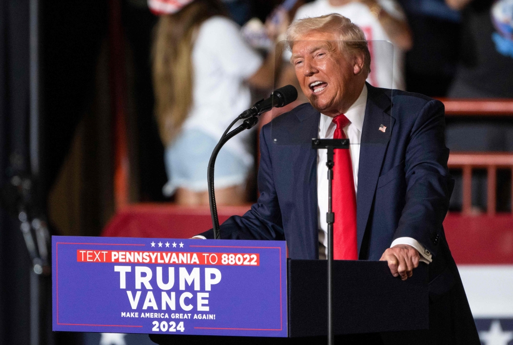 Former US President and 2024 Republican presidential candidate Donald Trump speaks during a campaign rally at the New Holland Arena in Harrisburg, Pennsylvania, on July 31, 2024. — AFP pic 