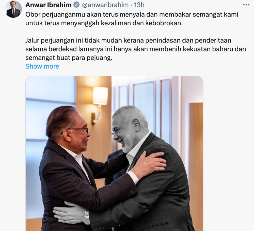 Prime Minister Anwar Ibrahim’s tribute to slain Hamas chief Ismail Haniyeh remains on X. His other tributes on Facebook and Instagram have gone missing hours after posting on July 31, 2024. — Screenshot from X/Anwar Ibrahim
