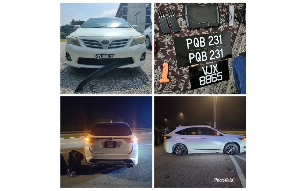 Police were forced to fire three shots at a car before arresting three suspected members of a luxury car theft syndicate during a 20-kilometre chase from Ipoh to Batu Gajah yesterday. — Picture courtesy of Perak police