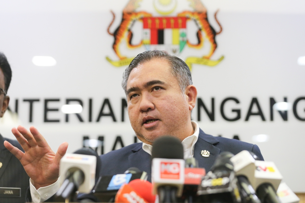 A file photograph shows Transport Minister Anthony Loke speaking at a press conference in Putrajaya. — Picture by Miera Zulyana