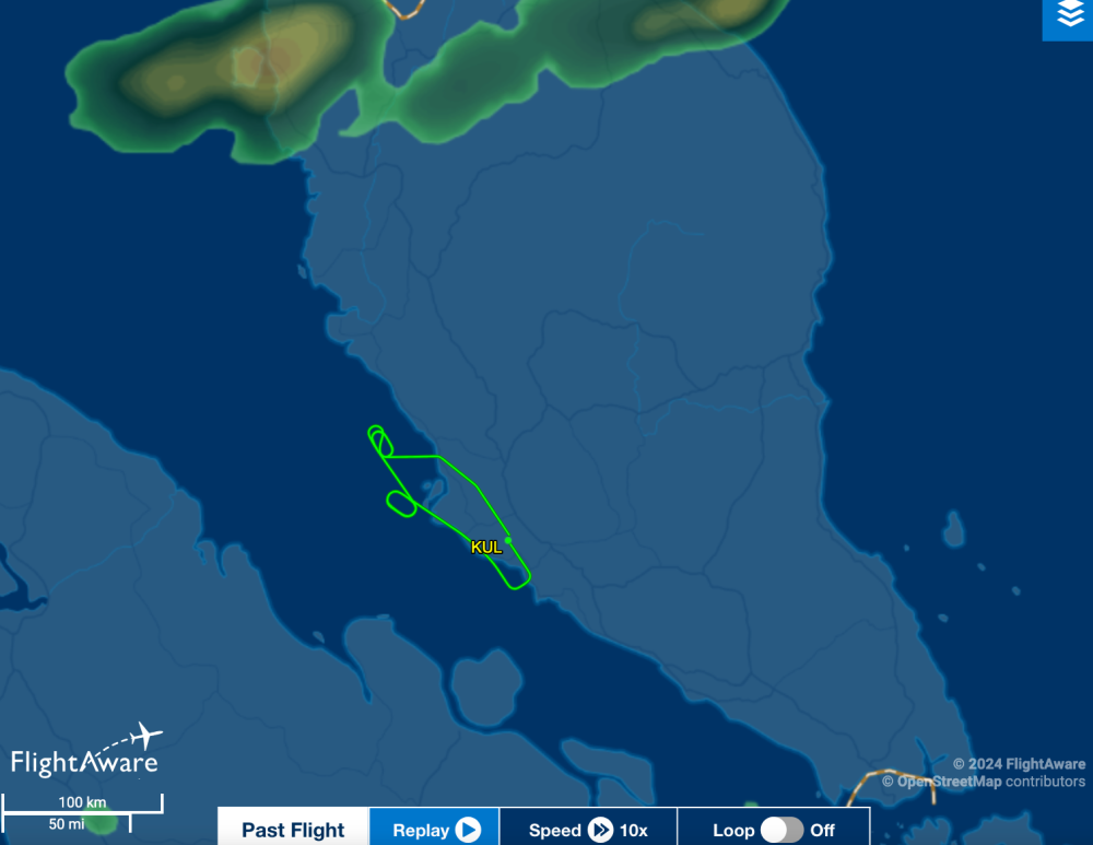 An image of the turnaround flight path for Jeddah-bound Flight MH156 to KLIA shortly after departure on August 4, 2024. — Screenshot from flight tracker FlightAware.com website
