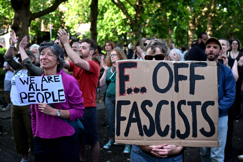 Counter-protesters gather in Bristol, southern England, on August 3, 2024 against the 'Enough is Enough' demonstration held in reaction to the fatal stabbings in Southport on July 29. — AFP pic