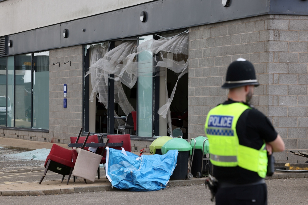 A view of damage to Holiday Inn Express hotel hotel after rioters attacked the building in Rotherham, Britain, August 5, 2024. — Reuters pic