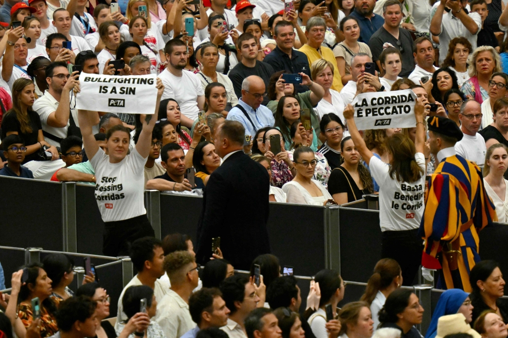 Two women with the advocacy group People for the Ethical Treatment of Animals (PETA) hold posters in English and Spanish that read “bullfighting is a sin” during Pope Francis’ weekly general audience at Paul VI hall in The Vatican on August 7, 2024. — AFP pic