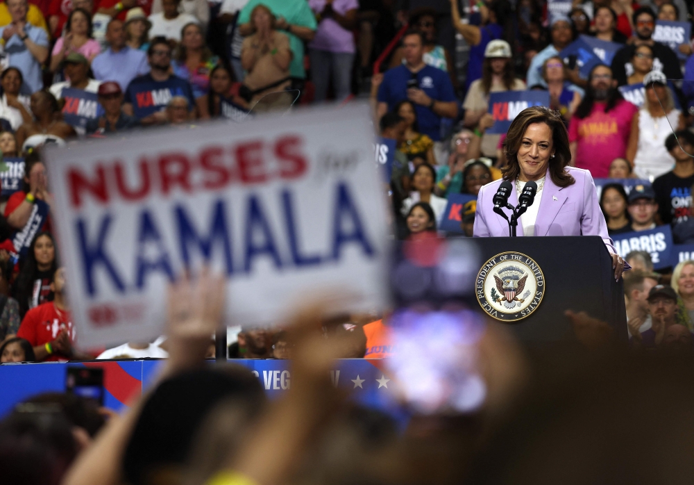 Democratic presidential candidate, U.S. Vice President Kamala Harris speaks during a campaign rally with Democratic vice presidential candidate Minnesota Governor Tim Walz at the University of Las Vegas Thomas & Mack Center on August 10, 2024 in Las Vegas, Nevada. — AFP pic