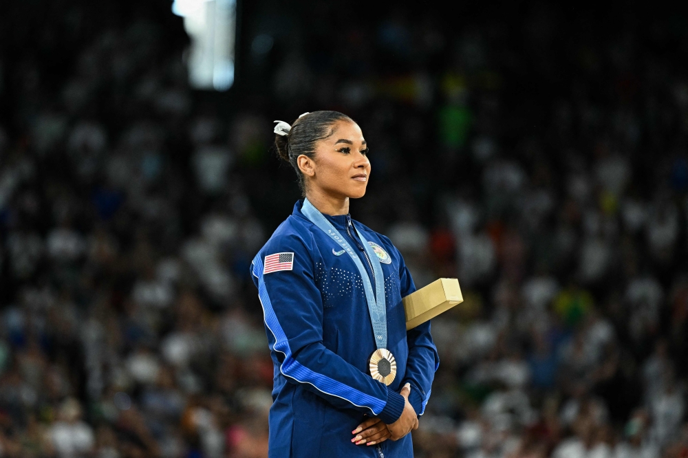 Jordan Chiles on the podium for the artistic gymnastics women’s floor exercise event at the Paris 2024 Olympic Games on August 5, 2024. — AFP pic