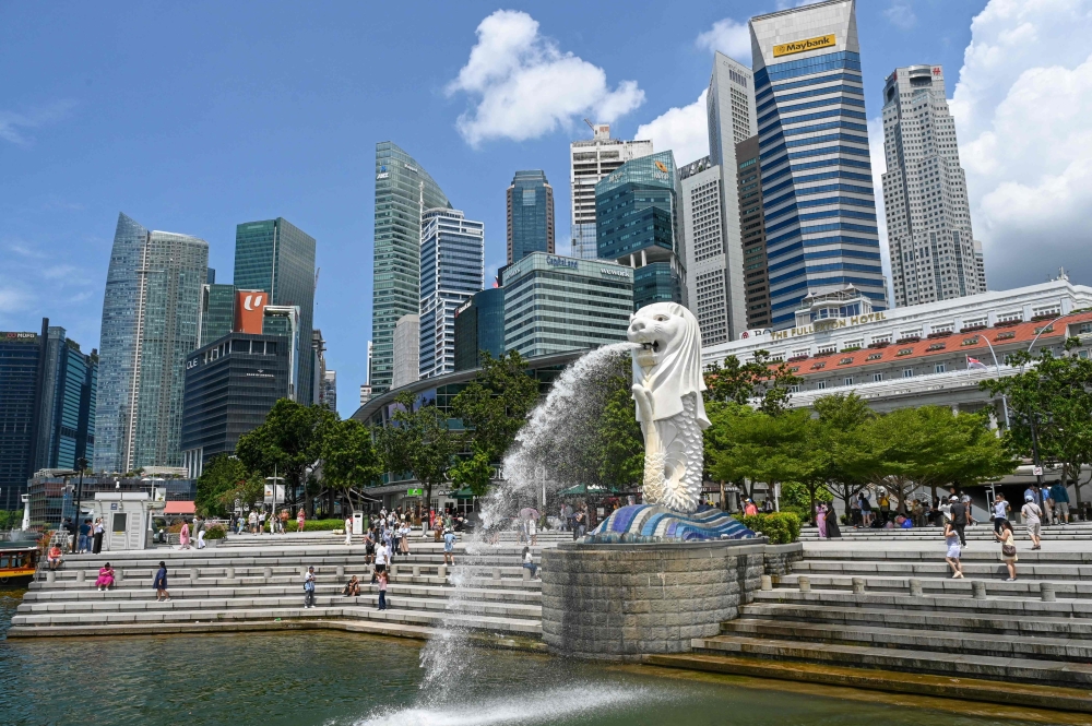 A file photograph shows the Merlion statue at Marina Bay in Singapore on April 24, 2023. — AFP pic