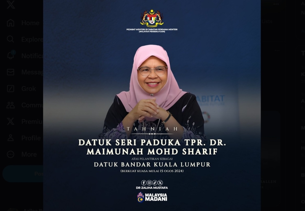 Datuk Seri Maimunah Mohd Sharif’s appointment was approved by His Majesty, the King of Malaysia, Sultan Ibrahim and in accordance with Subsection 4 (2), Federal Capital Act 1960. — Picture from X/Dr Zaliha Mustafa