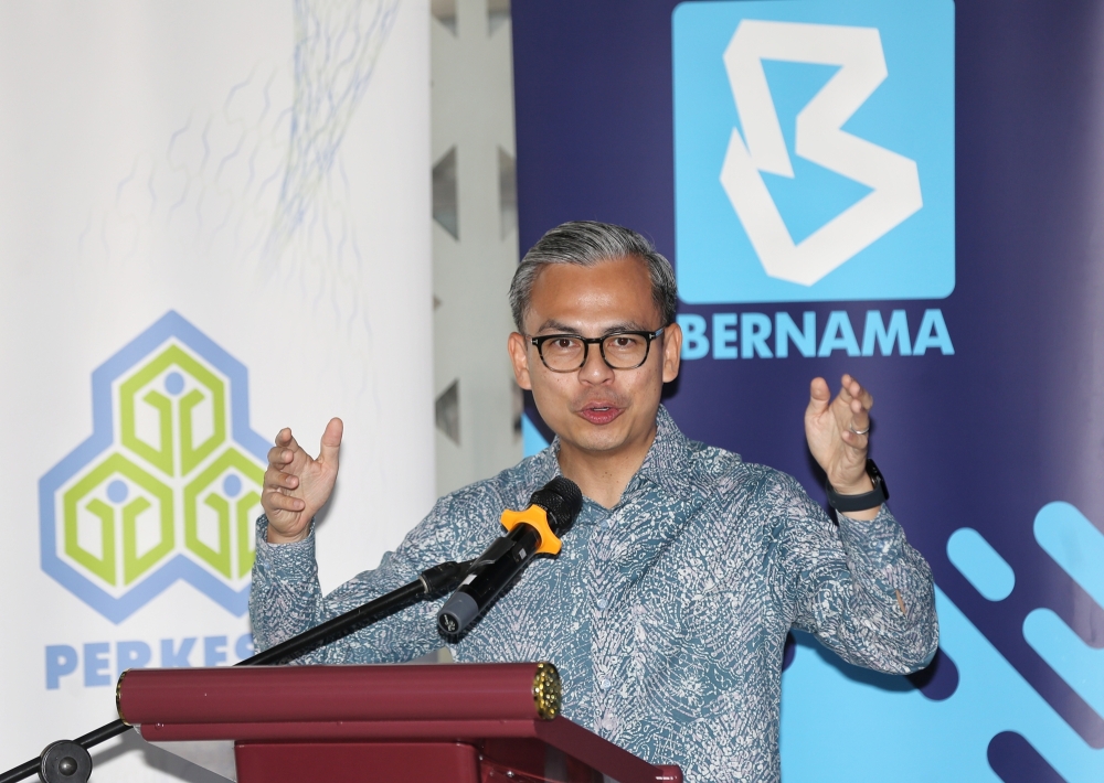 Communications Minister Fahmi Fadzil speaks during the MoU between Bernama and Socso in Wisma Bernama, Kuala Lumpur, August 15, 2024. The Self-Employment Social Security Scheme (SKSPS) will benefit 493 part-time journalists, videographers and photographers from 45 media agencies in the country, with a contribution of RM232.80 per person. — Picture by Choo Choy May