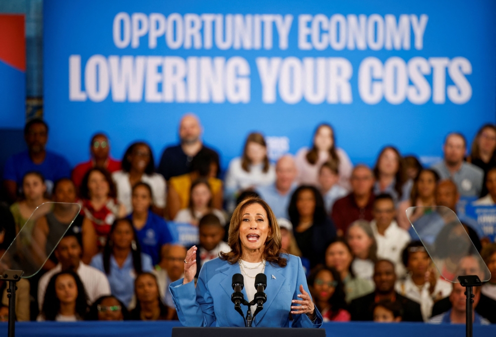 US Vice President and Democratic presidential candidate Kamala Harris speaks at an event at the Hendrick Centre for Automotive Excellence in Raleigh, North Carolina August 16, 2024. — Reuters pic  