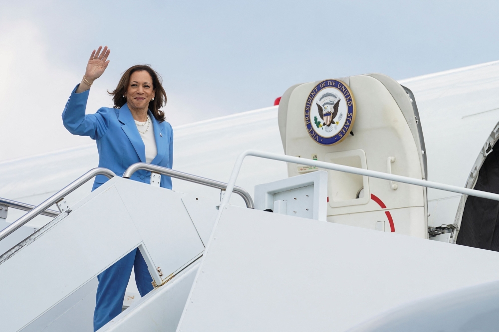US Vice President and Democratic presidential candidate Kamala Harris waves as she departs Raleigh, North Carolina August 16, 2024. — Reuters pic  