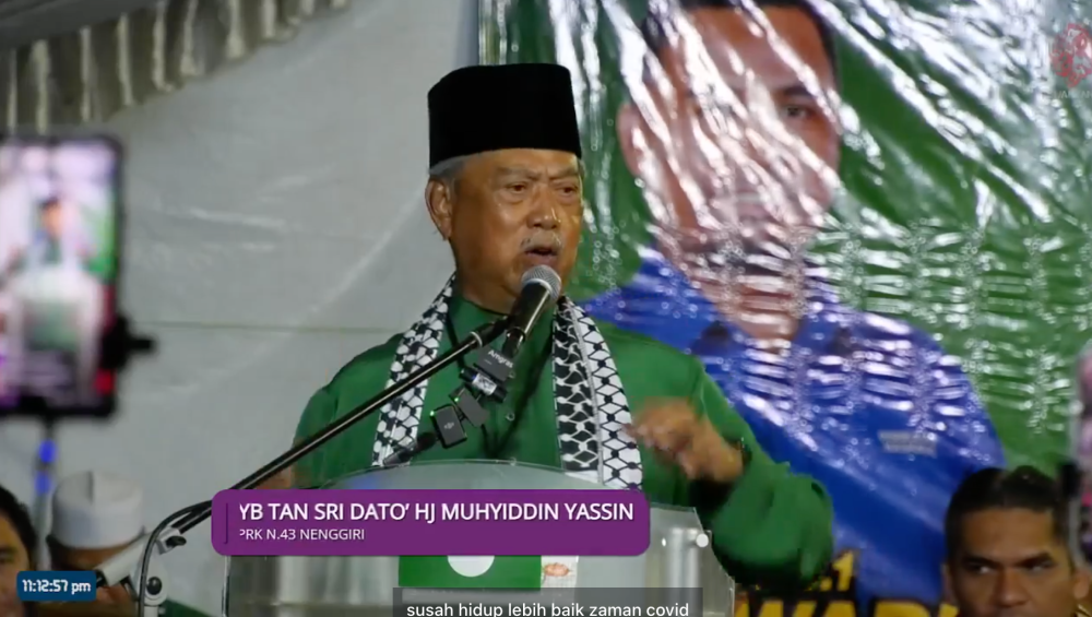 Muhyiddin speaks during the ‘Grand Finale’ of the Nenggiri by-election campaign in Gua Musang, Kelantan that ‘live-streamed’ on August 15, 2024. — Screen grab from Facebook/Muhyiddin Yassin