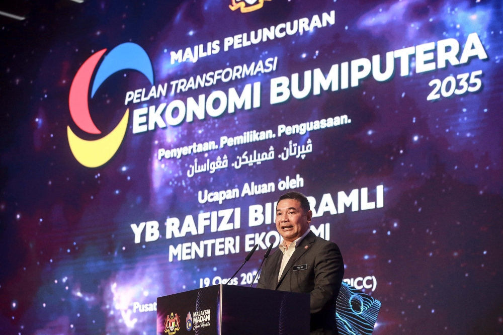 Minister of Economy Rafizi Ramli speaks at the launch of the Bumiputera Economy Transformation Plan 2035 at the Putrajaya International Convention Centre on August 19, 2025. — Picture by Sayuti Zainudin