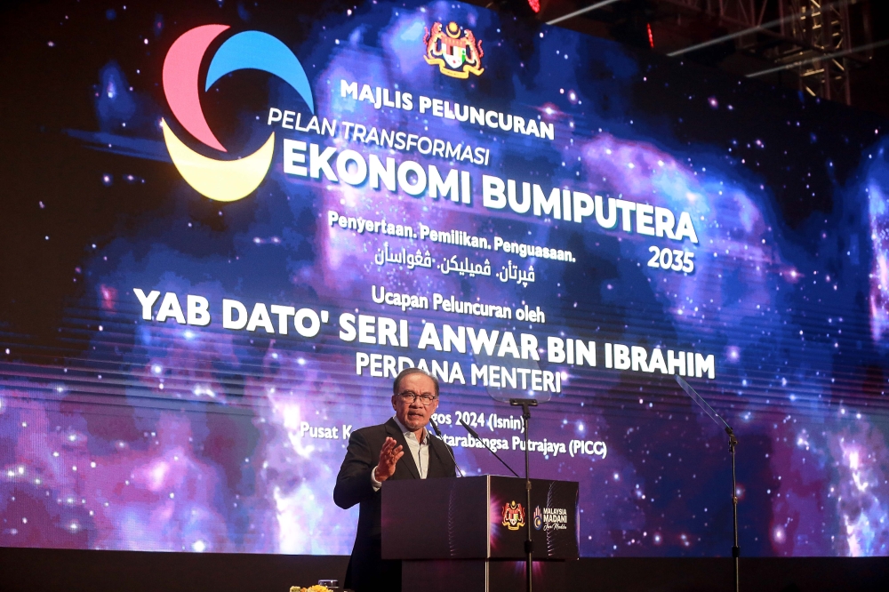 Prime Minister Datuk Seri Anwar Ibrahim launches the Bumiputera Economy Transformation Plan 2035  at the Putrajaya International Convention Centre on August 109, 2024. — Picture by Sayuti Zainudin