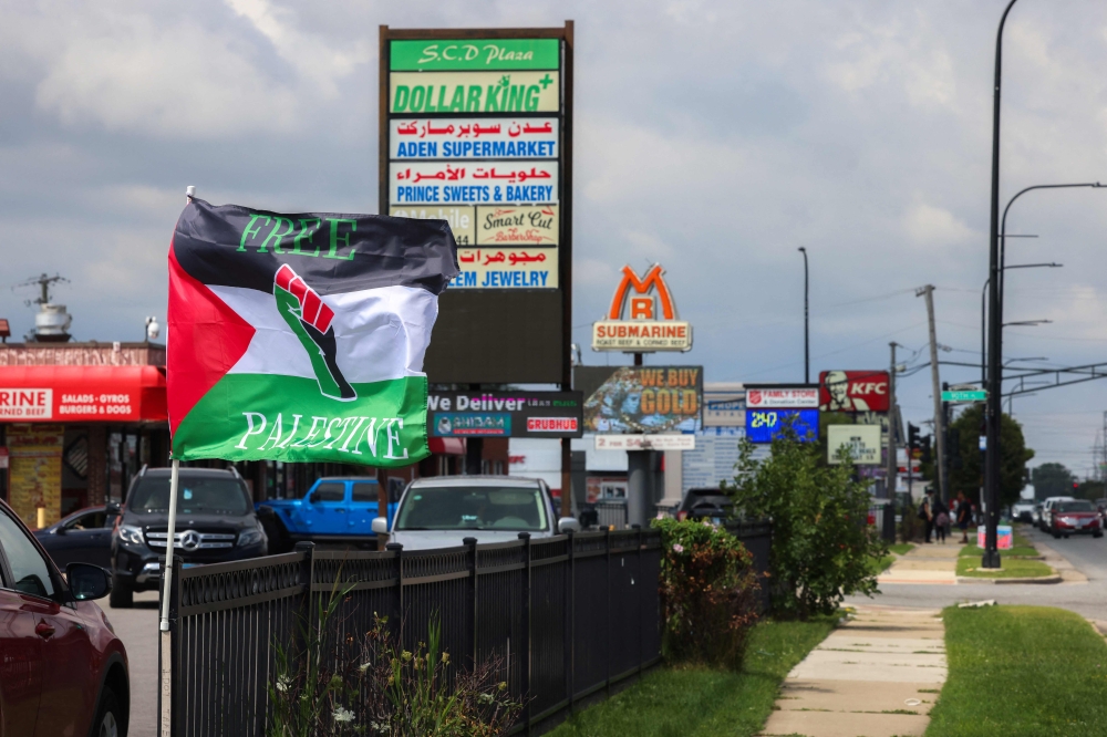 A 'free Palestine' flag is seen in Bridgeview in the suburbs of Chicago, Illinois, on August 18, 2024. — AFP pic