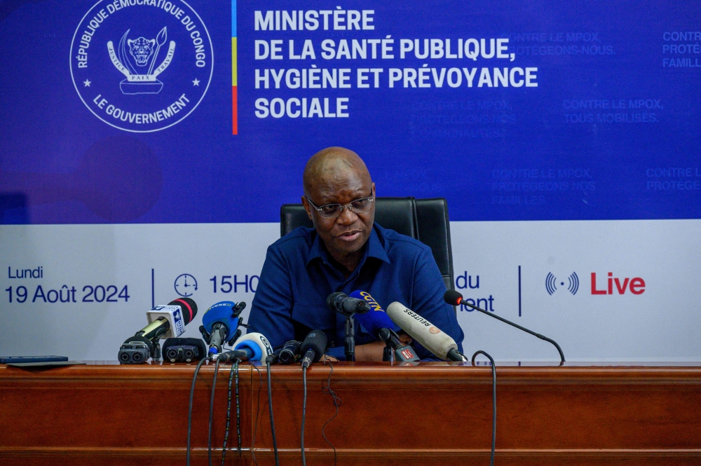 Democratic Republic of Congo Health minister Samuel-Roger Kamba addresses a press conference in Kinshasa on August 19, 2024. Cases of the mpox virus are rising in Democratic Republic of Congo (DRC), as the central African country awaits vaccines from the United States and Japan, the health minister said on Monday.
