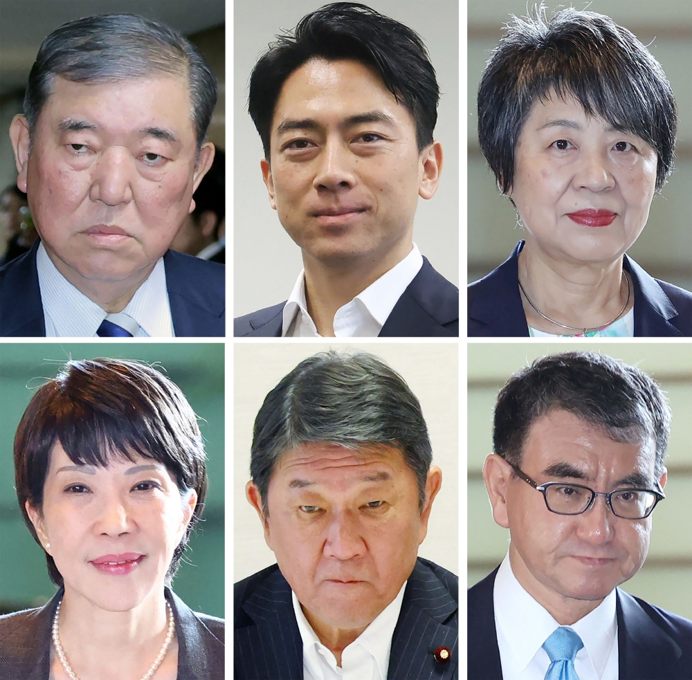 (COMBO) This combination of undated photos compiled by Jiji Press on August 19, 2024 shows Japanese lawmakers (top L to R) Shigeru Ishiba, Shinjiro Koizumi, Yoko Kamikawa and (bottom L to R) Sanae Takaichi, Toshimitsu Motegi and Taro Kono, who have been reported as possibly candidates for the head of the ruling Liberal Democratic Party (LDP) leadership. Japanese Prime Minister Fumio Kishida announced on August 14, 2024 he will step aside next month, ending a three-year term plagued by low popularity ratings and a spluttering economy. Nearly a dozen Japanese lawmakers are regarded as possible contenders to replace Kishida. — Jiji Press pic via AFP