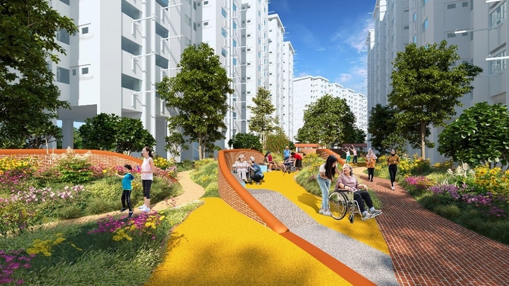 An artist’s impression of a therapeutic garden at Chong Boon Heights with sensory planting and spaces for contemplative activities. – Picture from Singapore Housing and Development Board website