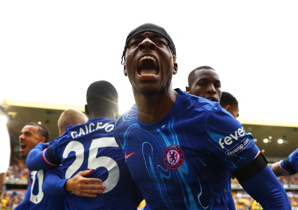 Chelsea's Noni Madueke celebrates after Nicolas Jackson scored their first goal. — REUTERS