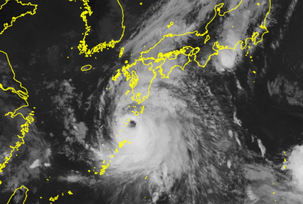 This handout image taken from the Japan Meteorological Agency’s satellite ‘Himawari’ on August 28, 2024 shows typhoon Shanshan (centre) moving closer to Japan’s Kyushu region. — Japan Meteorological Agency handout pic via AFP