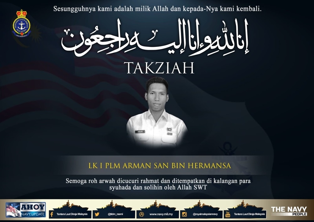 Royal Malaysian Navy diver Leading Seaman 1 Arman San Hermansa’s wife today told the public not to speculate about the death of her husband, who died while carrying out a salvage operation to recover the wreck of KD Pendekar in the waters off Tanjung Penyusop yesterday. — Picture via Facebook/Tentera Laut Diraja Malaysia