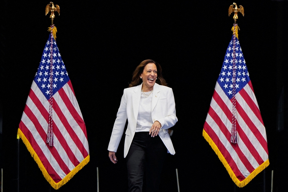 Democratic presidential nominee and US Vice President Kamala Harris reacts as she holds a campaign rally in Savannah, Georgia, August 29, 2024. — Reuters pic 