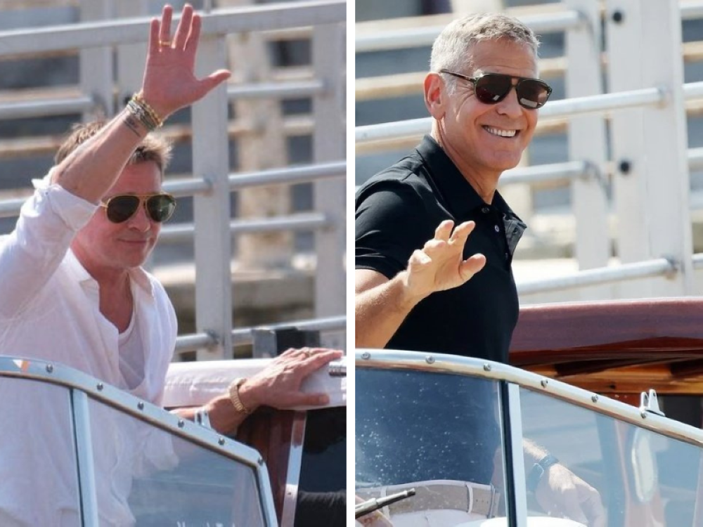 George Clooney and Brad Pitt wave to the crowd as they arrive by water taxi from Venice. — Pictures from social media 