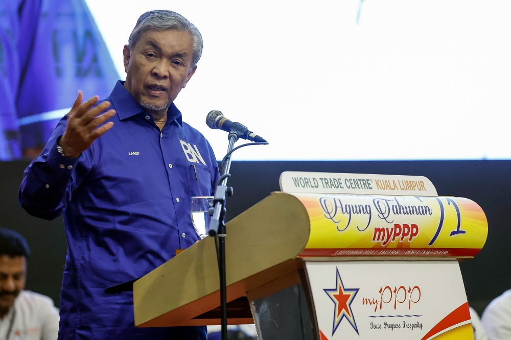 Datuk Seri Ahmad Zahid Hamidi speaks during the 71st MyPPP annual general meeting at the World Trade Centre in Kuala Lumpur on September 1, 2024. — Bernama pic