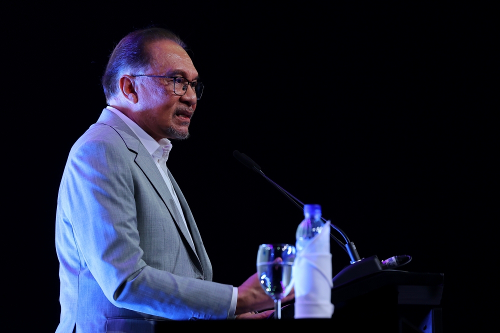 Prime Minister Datuk Seri Anwar Ibrahim, who is also the Finance Minister, during his speech at the 30th anniversary celebration of Khazanah Nasional.— Bernama pic