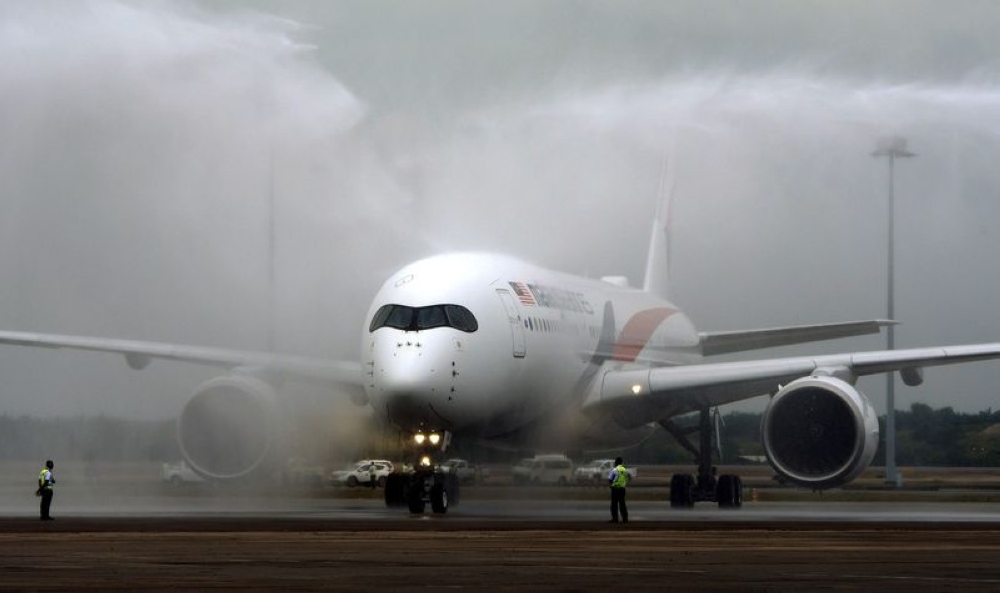 A file photograph shows Malaysia Airlines’ first Airbus A350-900 XWB landing safely at the Kuala Lumpur International Airport in Sepang on November 30, 2017. — Bernama pic