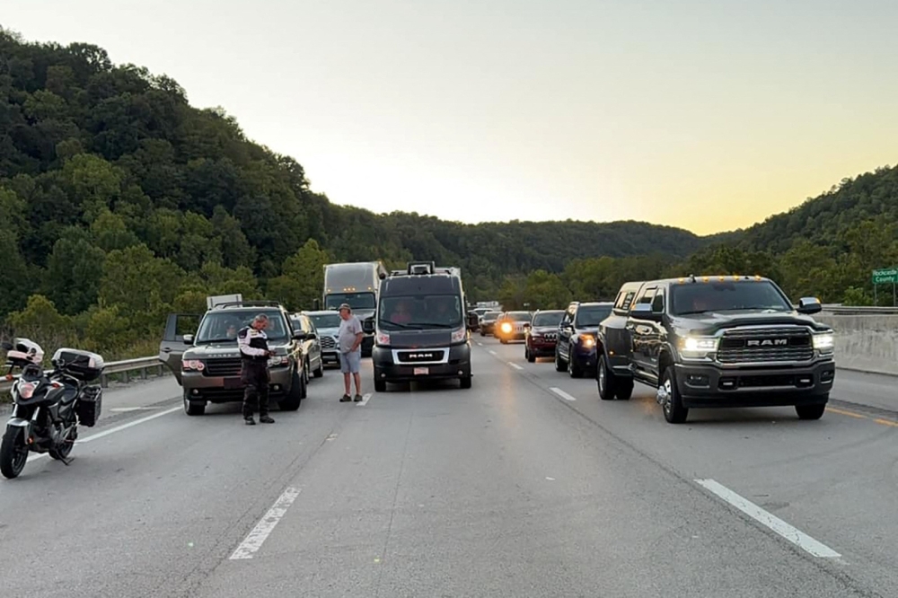 Motorists stop on the I-75 highway after reports of multiple people shot about nine miles north of London, Kentucky in the US on September 7, 2024. — Reuters pic