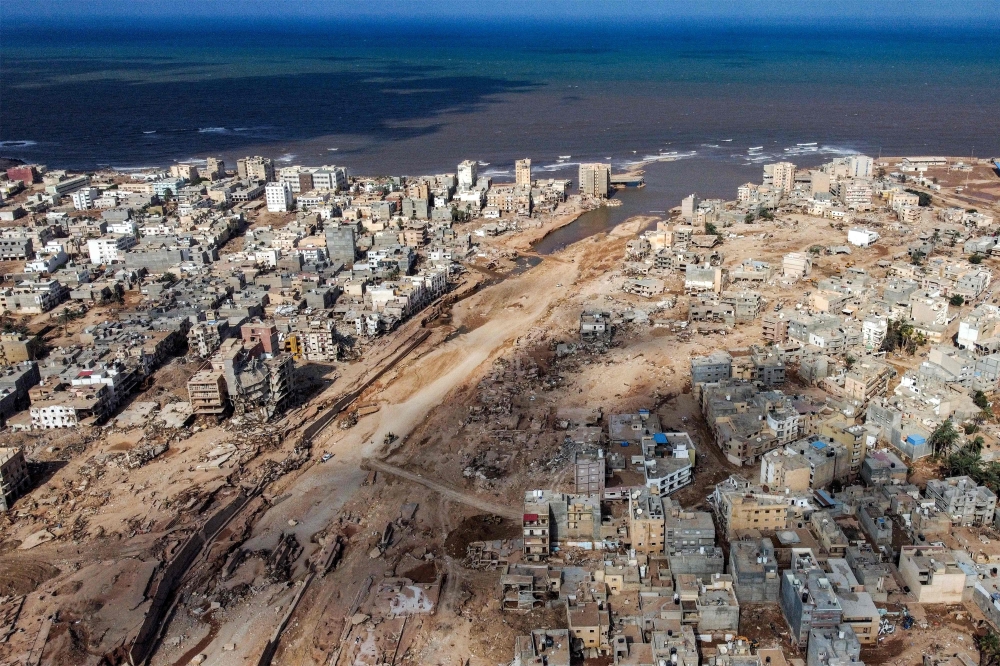 An aerial view shows Derna in eastern Libya on September 18, 2023, following deadly flash floods that destroyed entire neighbourhoods. — AFP pic