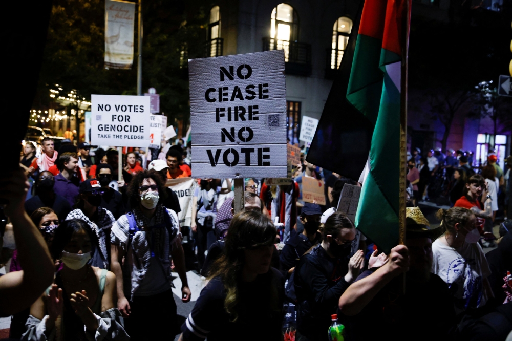 Protesters rally for a cease fire in Gaza near the venue of the debate between Republican presidential nominee and former U.S. President Donald Trump and Democratic presidential nominee and U.S. Vice President Kamala Harris in Philadelphia, Pennsylvania, U.S. September 10, 2024. — Reuters pic
