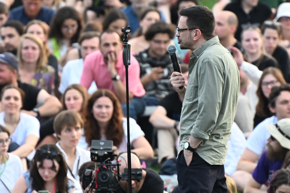 Former political prisoner Ilya Yashin addresses a crowd at the Mauerpark in Berlin, on August 7, 2024, few days after he has been released from Russia. — AFP pic