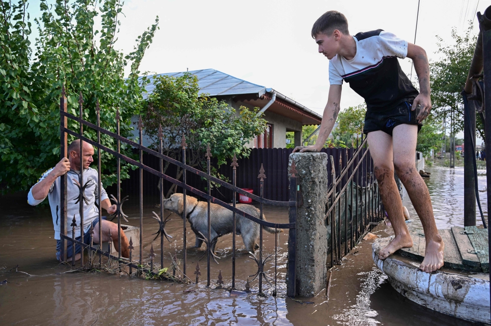 Residents rescue a dog from rising flood waters caused by Storm Boris in the Romanian village of Slobozia Conachi on September 14, 2024. — AFP pic