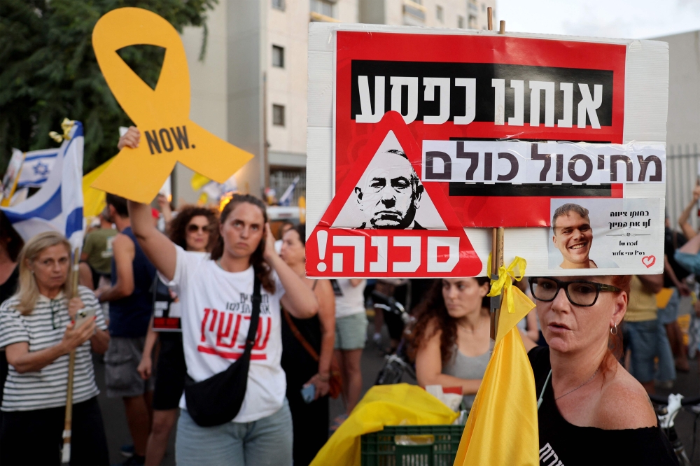 Demonstrators at an anti-government protest in Tel Aviv on September 16 called for action to secure the release of Israeli hostages held captive by Palestinian militants in the Gaza Strip. — AFP pic