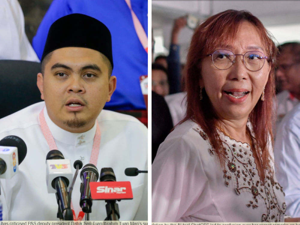 Umno Youth chief Dr Muhamad Akmal Saleh today hit out at Teresa Kok and told the Seputeh MP to sue ChatGPT after she blamed the AI tool and sensationalised media reports over her controversial remark on the halal certification issue. — Composite pictures by Raymond Manuel/Bernama  