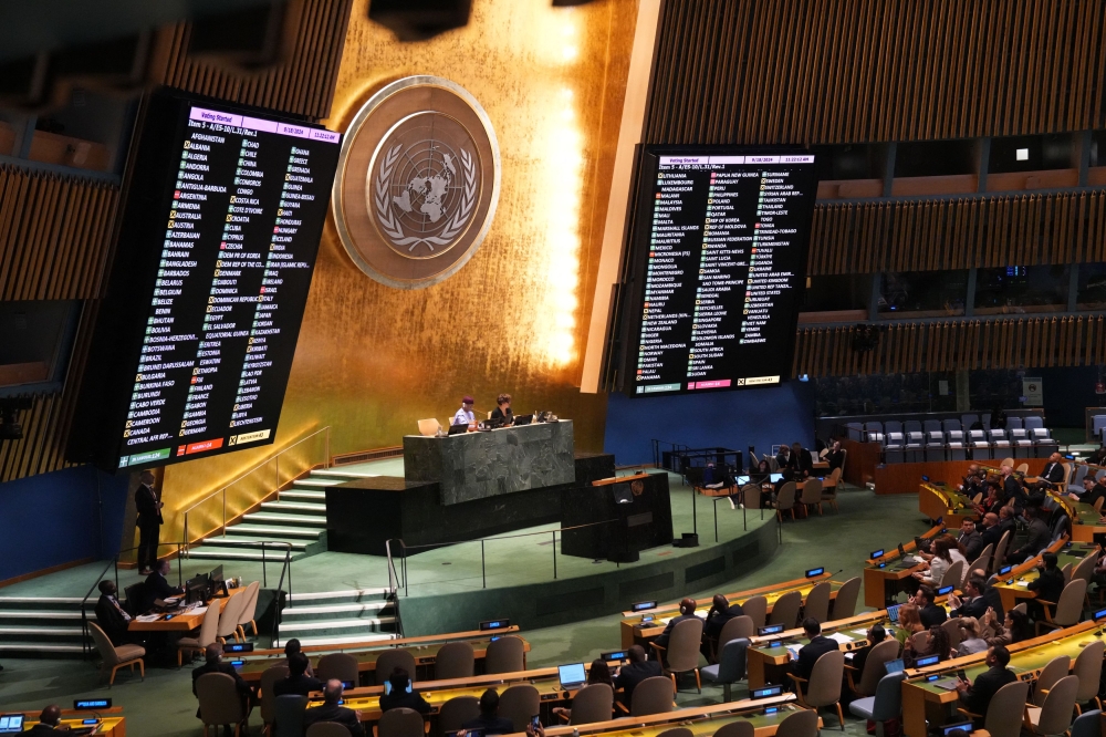 The final result of a vote during the emergency session on the legal consequences of Israel’s actions in the Palestinian territories is shown at United Nations Headquarters on September 18, 2024 in New York. — AFP pic 