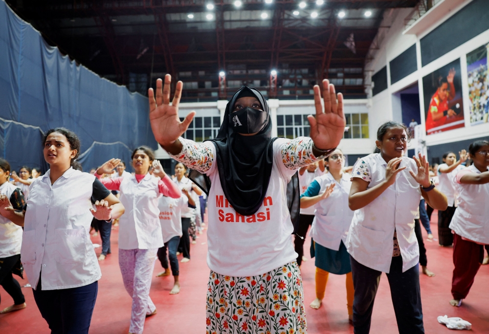 Students demonstrate moves after a two-day self-defence training camp organised by Akhil Bharatiya Vidyarthi Parishad (ABVP) and Vidyarthi Vikash following the rape and murder of a trainee medic, inside the premises of R G Kar Medical College and Hospital, in Kolkata, India, September 15, 2024. — Reuters pic