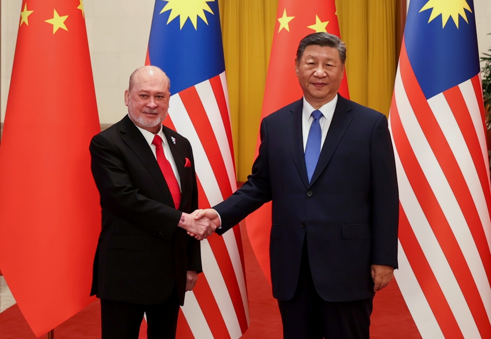 His Majesty Sultan Ibrahim shakes hands with Chinese President Xi Jinping at the Great Hall Of The People in Beijing September 20, 2024. — Bernama pic