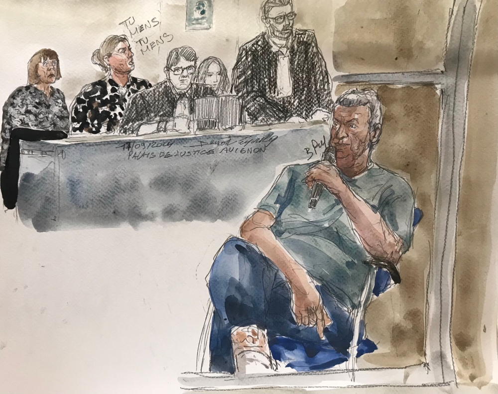 This court sketch created on September 17, 2024, shows defendant Dominique Pelicot (right) during his trial in which he is accused of drugging his wife, Gisele Pelicot (left), so that he and scores of strangers could rape her at their home in Mazan, a small town in the south of France, at the courthouse of Avignon in Avignon. — AFP pic
