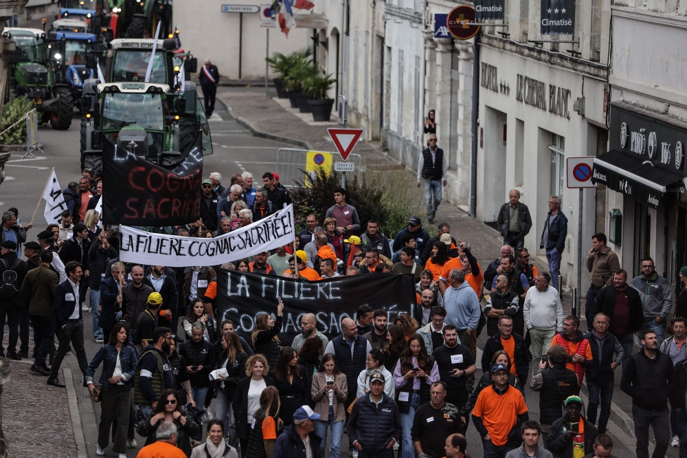 Cognac winegrowers hold up banners reading 'The cognac sector sacrificed' during a demonstration against Chinese tax threats, in Cognac September 17, 2024. Frustrated cognac producers in south-western France are growing increasingly anxious over the looming threat of Chinese tariffs on European brandy, a move industry representatives worry could force French liquor from the Chinese market. — AFP pic