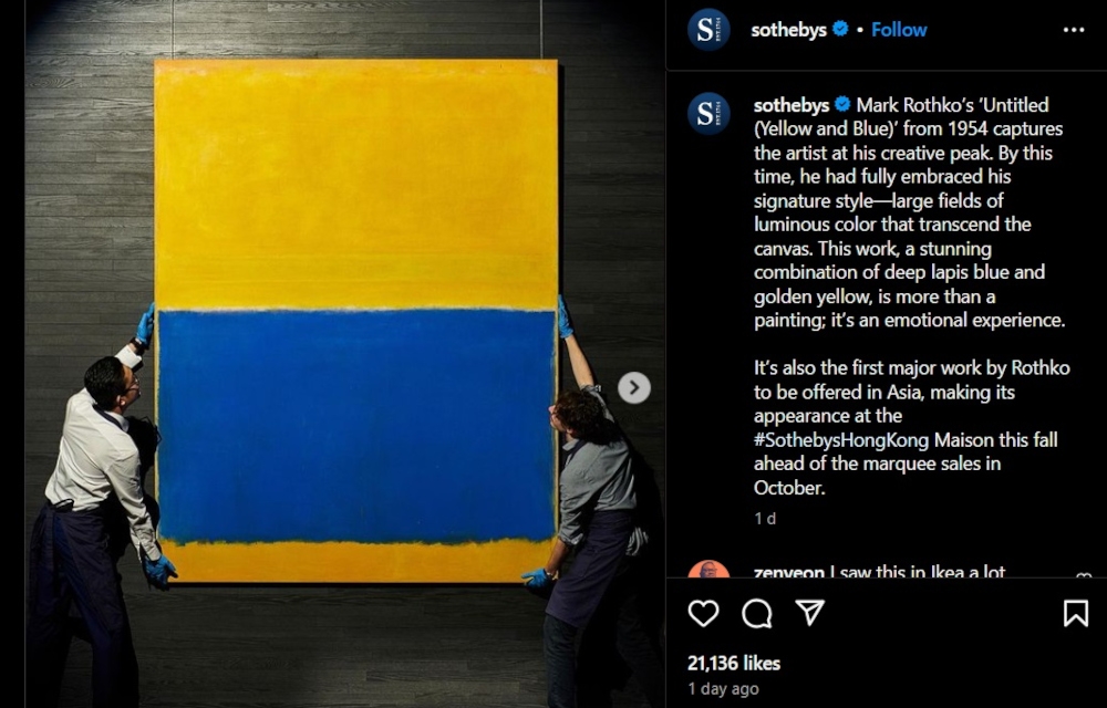 The abstract piece, titled ‘Untitled (Yellow and Blue)’, is valued between US$30 million (RM126 million) and US$45 million, according to artnet news. — Picture from Instagram/Sotheby’s 