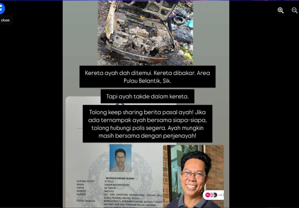 Previously, the media reported on Sabari’s disappearance after he was believed to have left his home in Baling in a Proton Waja car, before the burnt vehicle was found by residents in Belantik, Sik. His family was informed about it last Friday. Sabari’s mobile phone could not be reached, while his family detected the withdrawal of a large amount of money through several transactions from one of his bank accounts, two days after his disappearance. 