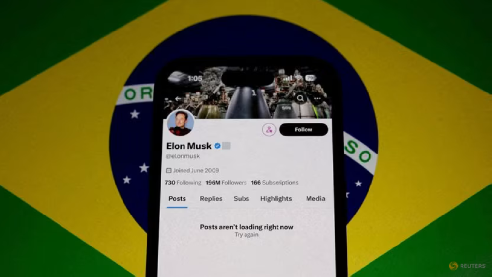 A file photograph shows Elon Musk’s X account blocked, after Brazil's telecommunications regulator suspended the social network in the country. — Reuters pic